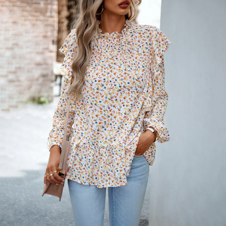 Women's Floral Blouse - High Neck Ruffle Detail - Long Sleeve Relaxed Fit