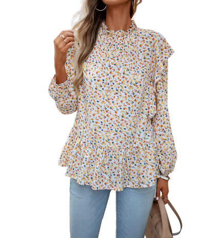 Women's Floral Blouse - High Neck Ruffle Detail - Long Sleeve Relaxed Fit