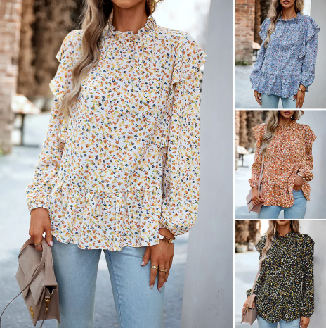Women's Floral Blouse - High Neck Ruffle Detail - Long Sleeve Relaxed Fit