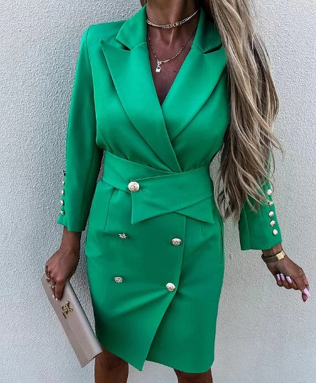 Women’s Blazer Dress – Tailored Fit – Double-Breasted – Long Sleeve – Gold Button Detail