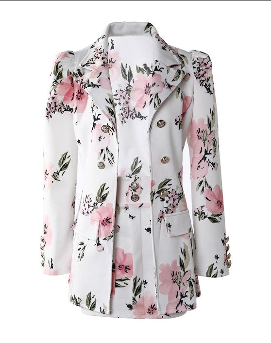 Women's Blazer and Mini Skirt Set - Tailored Fit - Double-Breasted - Floral Print