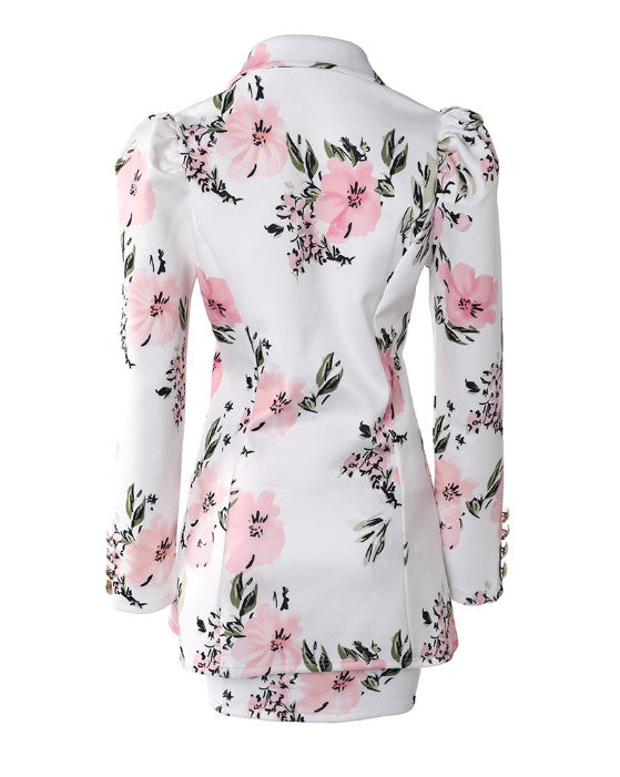Women's Blazer and Mini Skirt Set - Tailored Fit - Double-Breasted - Floral Print