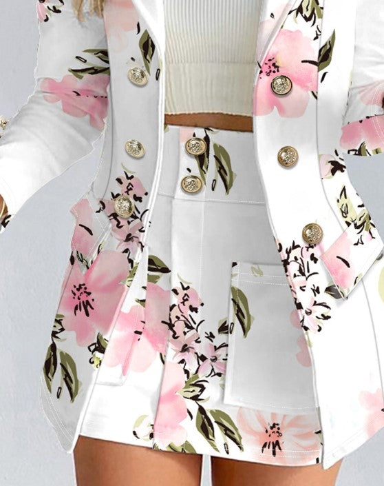 Women's Blazer and Mini Skirt Set - Tailored Fit - Double-Breasted - Floral Print