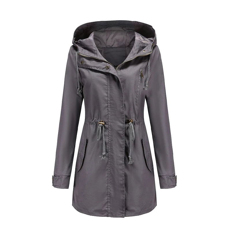 Women's comfortable hooded windbreaker trench coat
