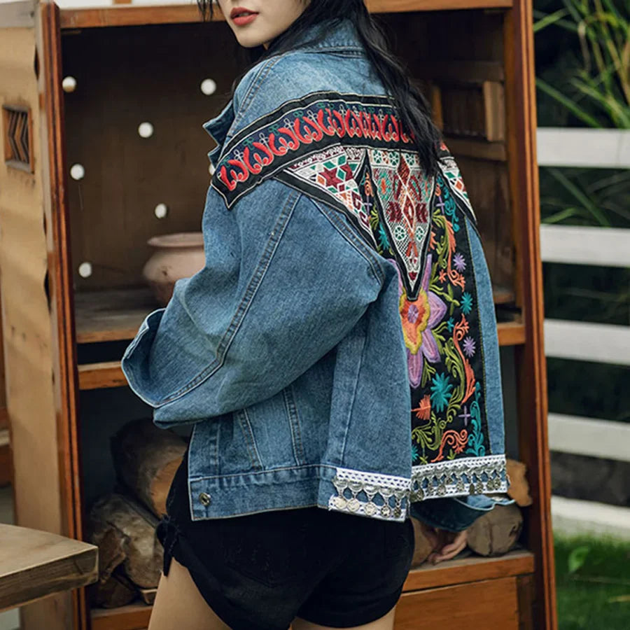 Women's bohemian embroidered denim jacket