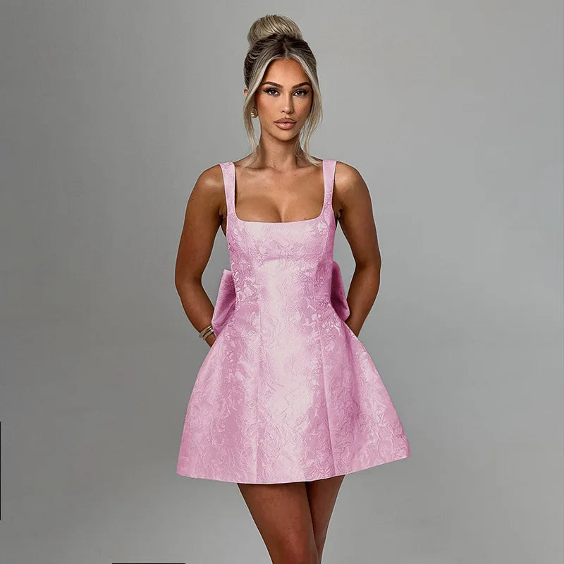 Women’s Mini Dress – Jacquard A-Line – Wide Straps – Back Bow – Formal Wear