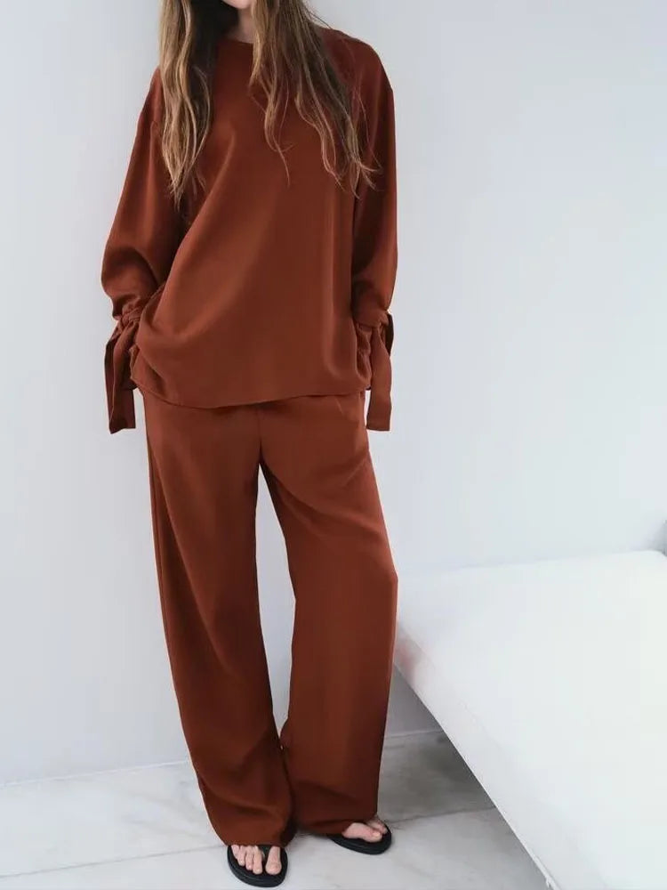 Women's long sleeve round neck top and casual pants set