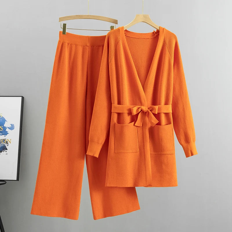 Women's autumn winter knit cardigan wide leg pants sets