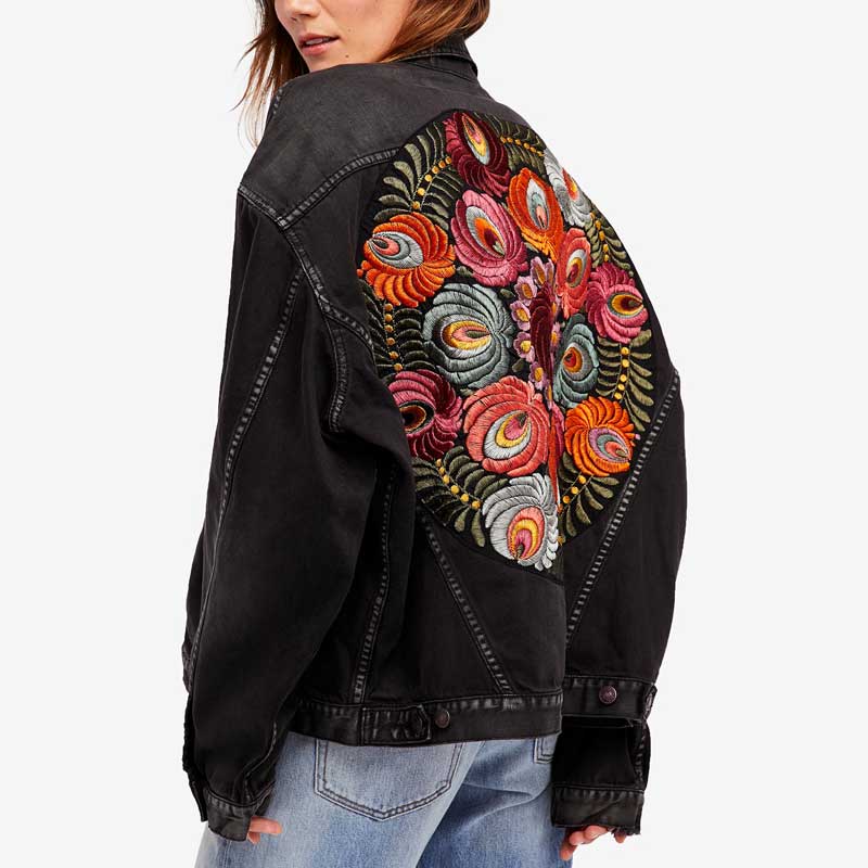 Women's boho gray denim jacket with embroidery