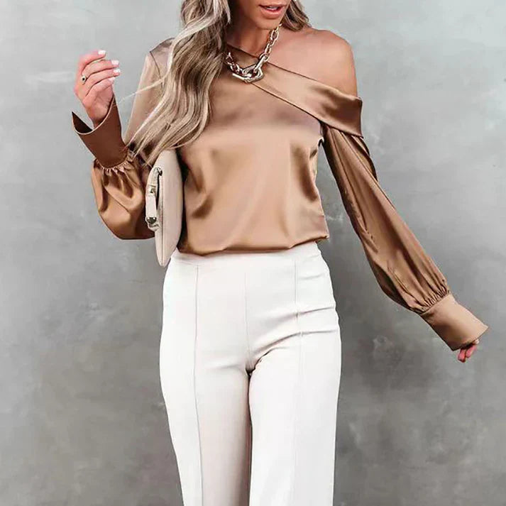 Women's One-Shoulder Blouse - Satin Finish - Long Sleeve Elegant Chic Top