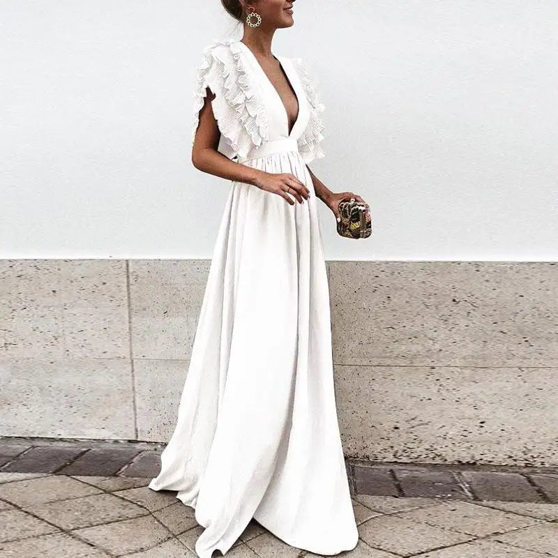 Sweet long dress with v-neck design and swing skirt for women