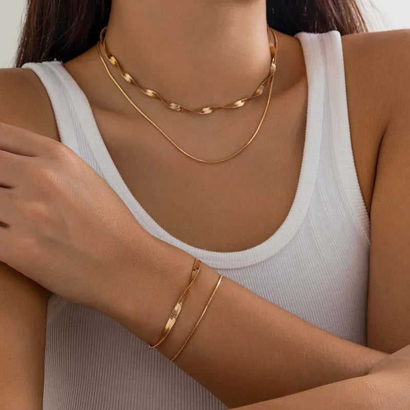 Women's vintage flat snake bone chain necklace & bracelet set