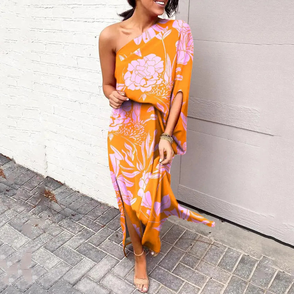 Women's One-Shoulder Maxi Dress - Floral Print - Elegant Flowing Silhouette