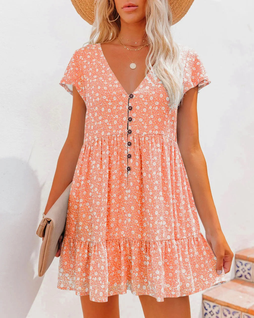 Women's Babydoll Dress - V-Neck - Short Sleeve - Floral Pattern - Ruffle Hem - Button Front