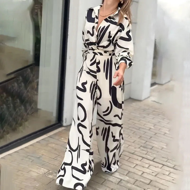 Women's Jumpsuit - Wide Leg - Long Sleeve Button Down - Abstract Print Elegant Fit