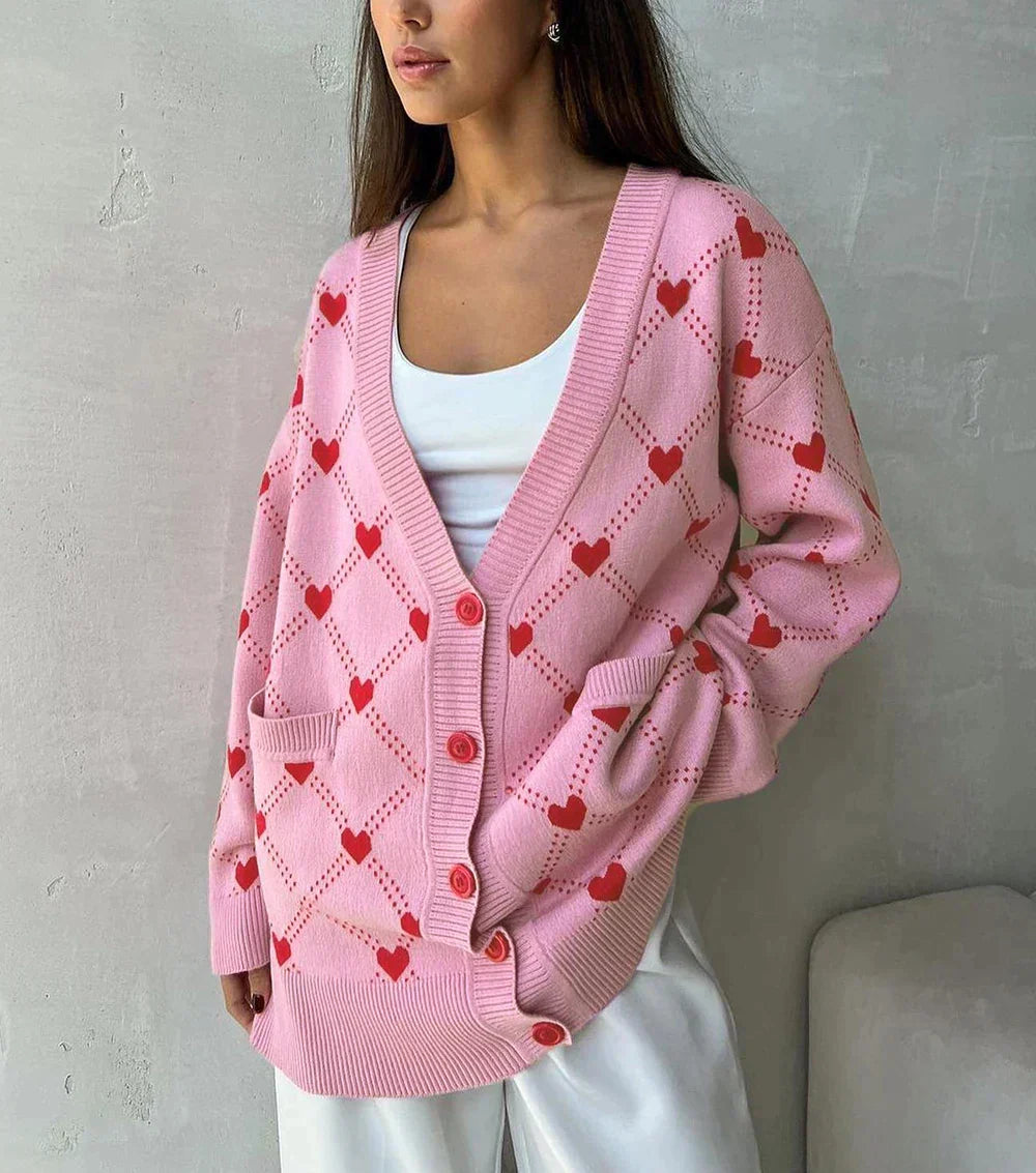 Women's knitted cardigan with heart print and buttons