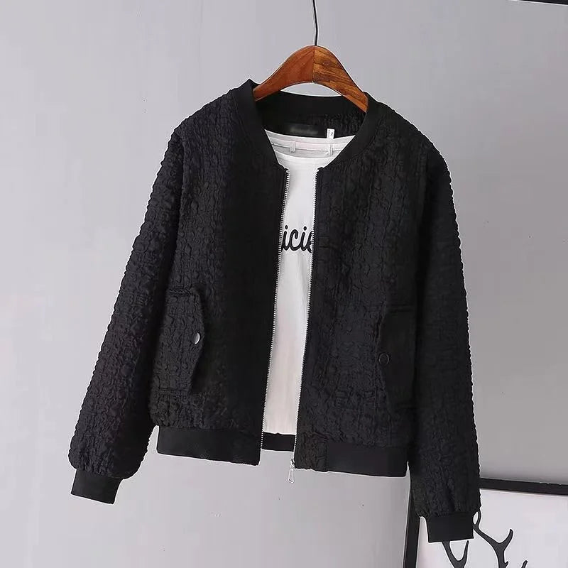 Women’s Bomber Jacket - Textured Fabric - Relaxed Fit - Front Zip - Flap Pockets