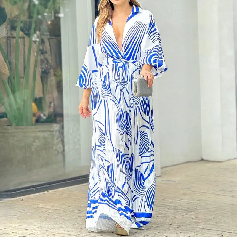Women's Jumpsuit - Wide Leg - Long Sleeve Button Down - Abstract Print Elegant Fit