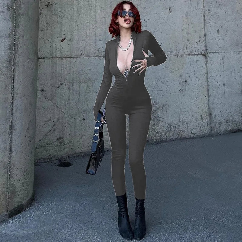 Women's slim long-sleeve zipper jumpsuit