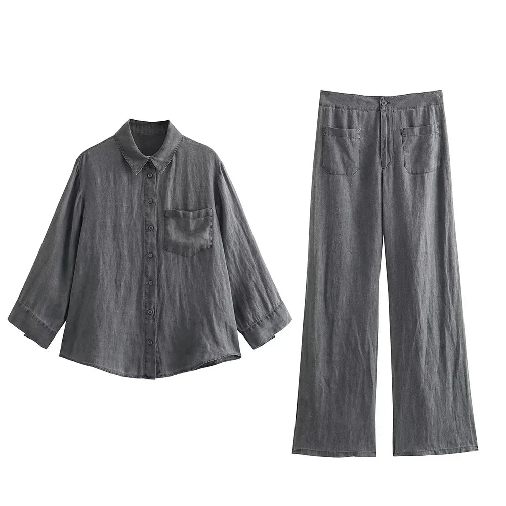 Women's Linen Two-Piece Set - Button-Down Shirt & High-Waisted Pants - Relaxed Fit