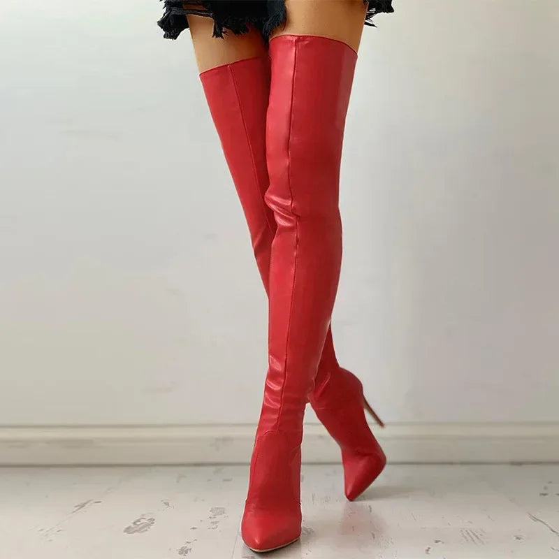 Women's thigh-high stretch PU leather heeled boots