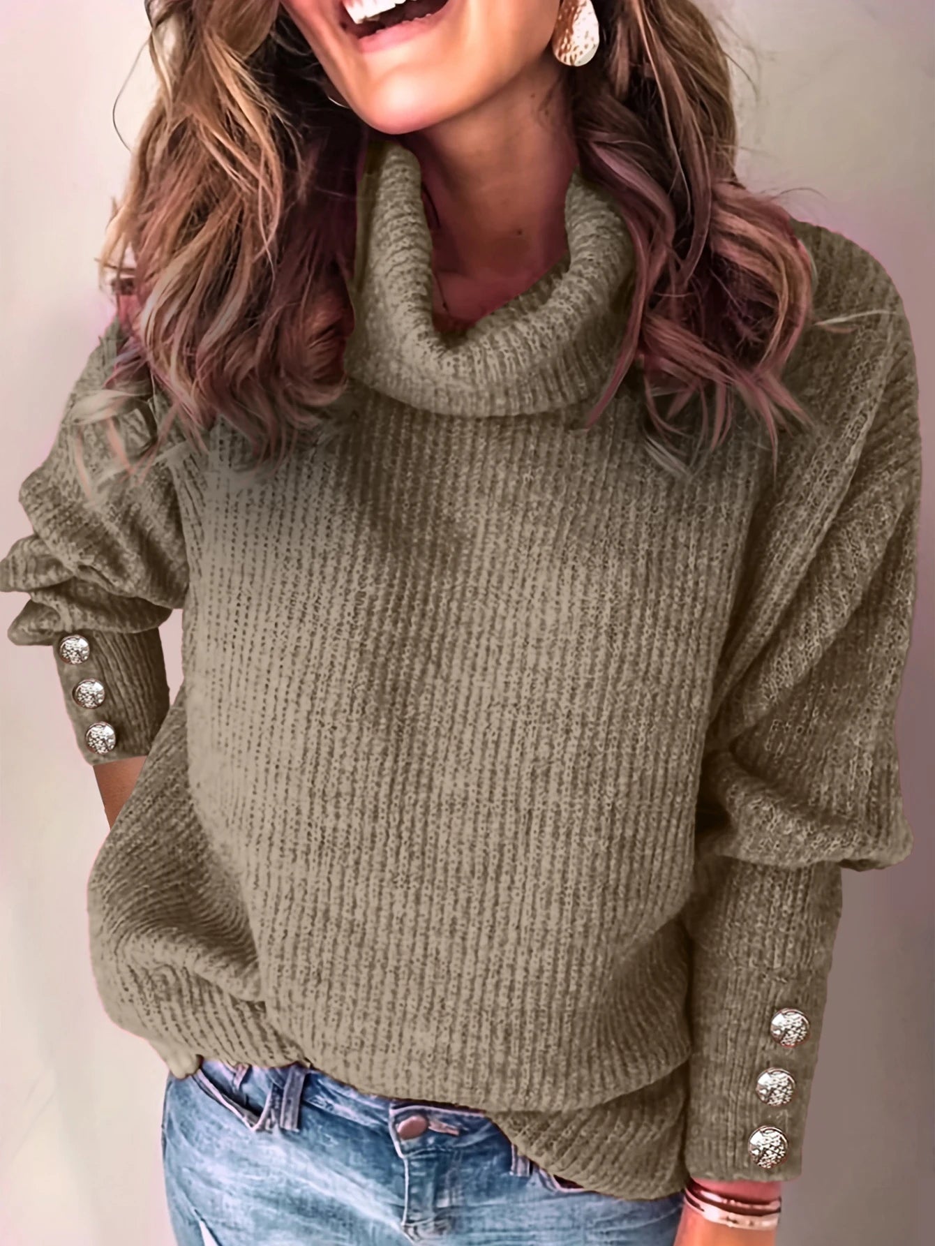 Button Detail Plain Turtleneck Top