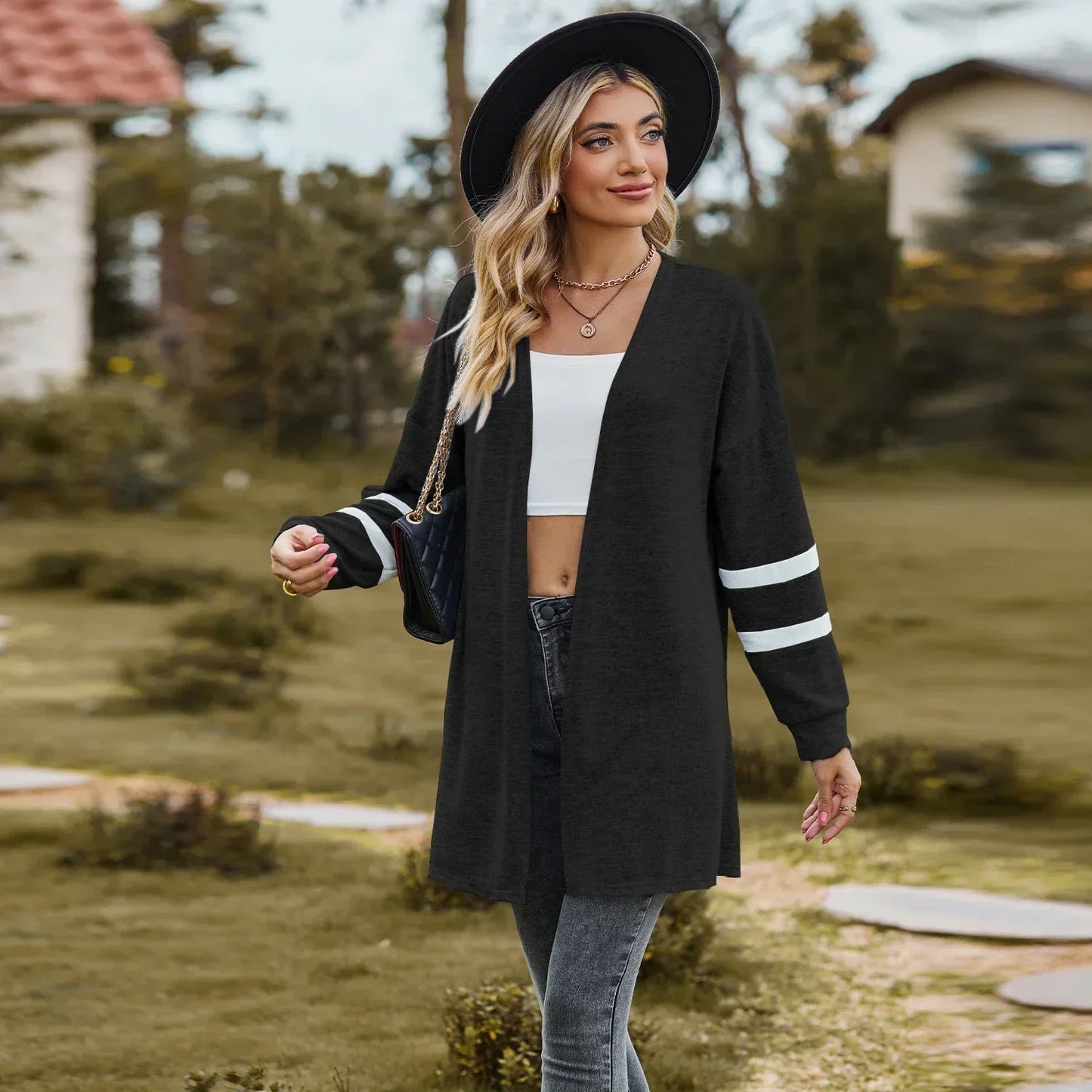 Women’s long-sleeved splicing contrast color knitted cardigan