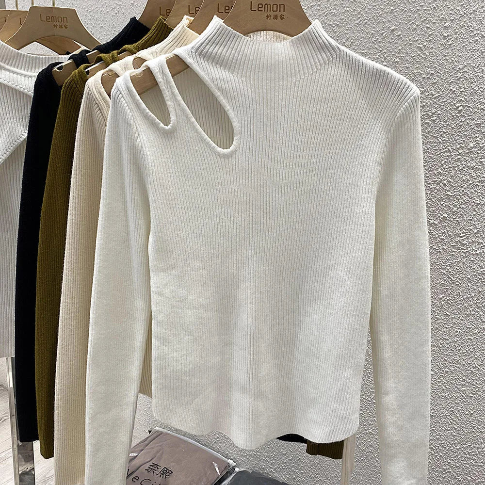 Women's half turtleneck hollow knitted top