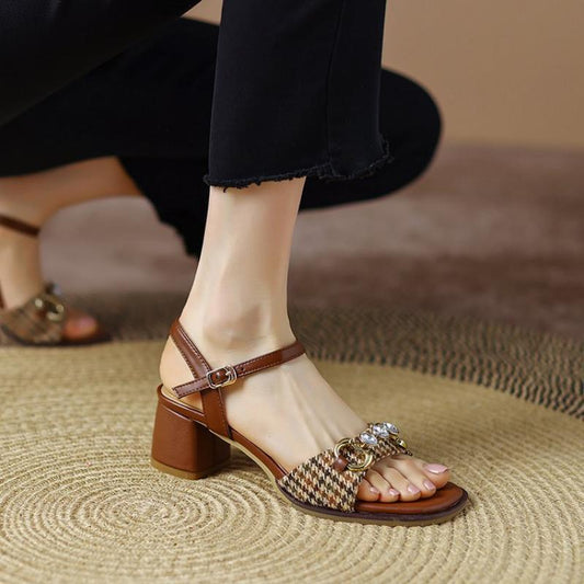 Woven Metallic Accent Block Heel Sandals