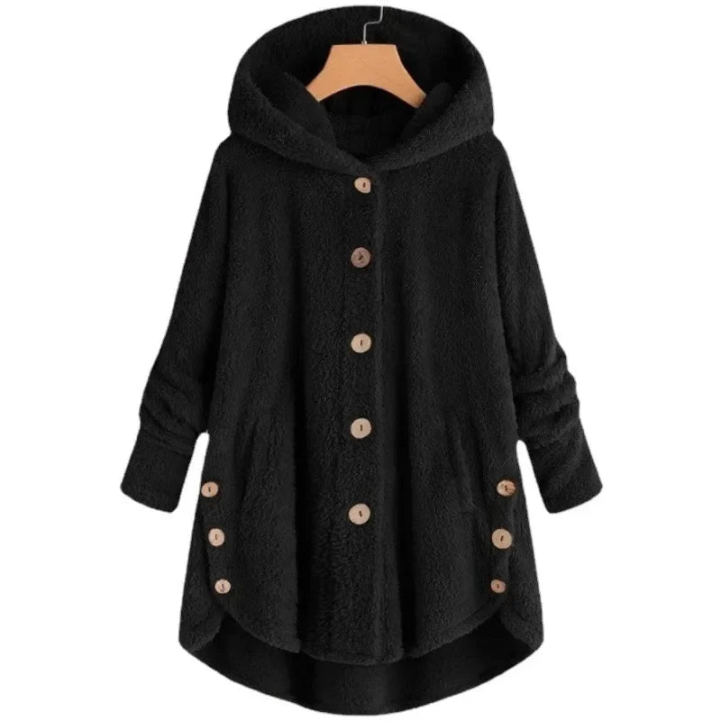 Women’s Fleece Jacket – Relaxed Fit – Hooded – Button Front – Long Back Hem – Pockets