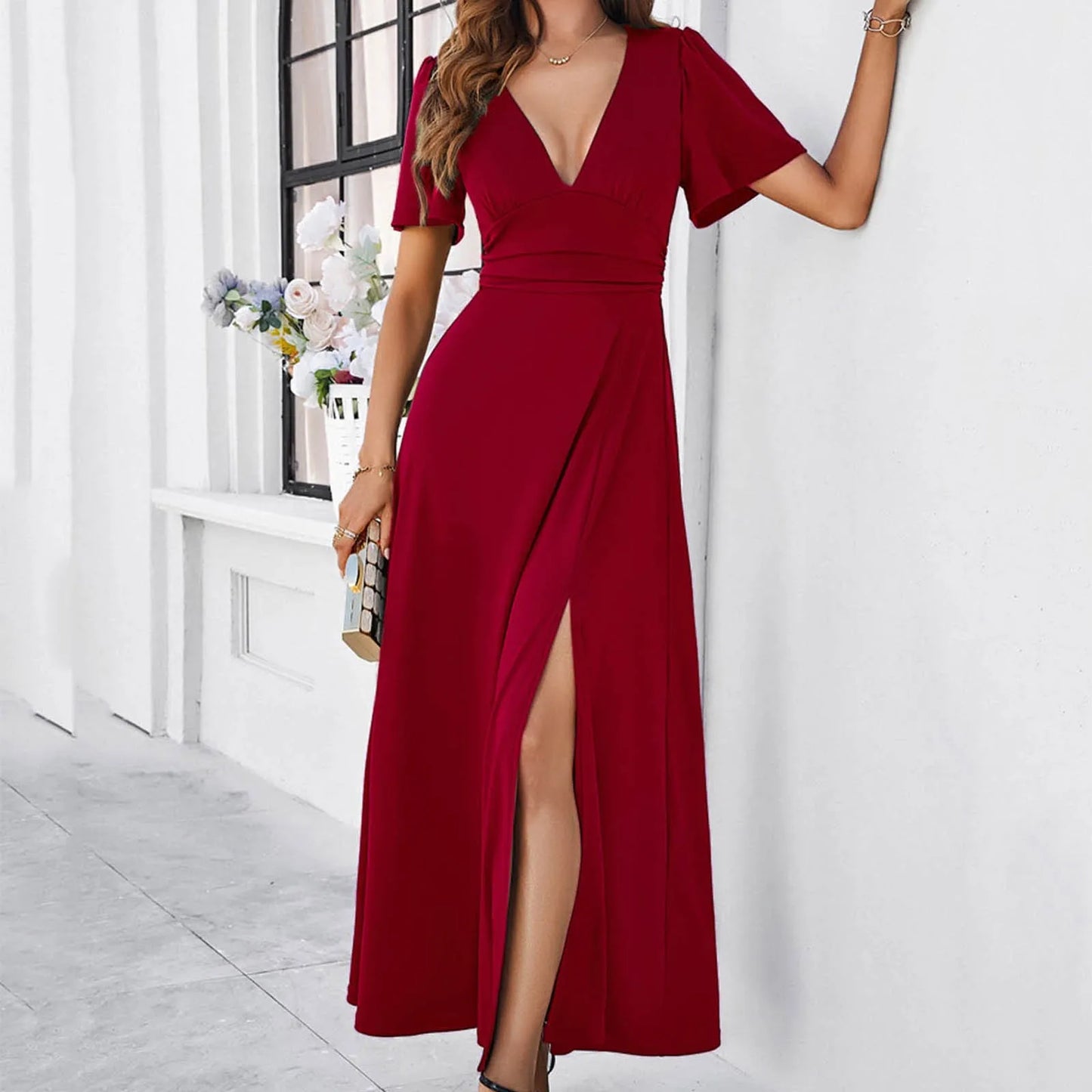 Women’s Maxi Dress – Satin Finish – A-Line Fit – Deep V-Neck – Puff Sleeves – High Slit