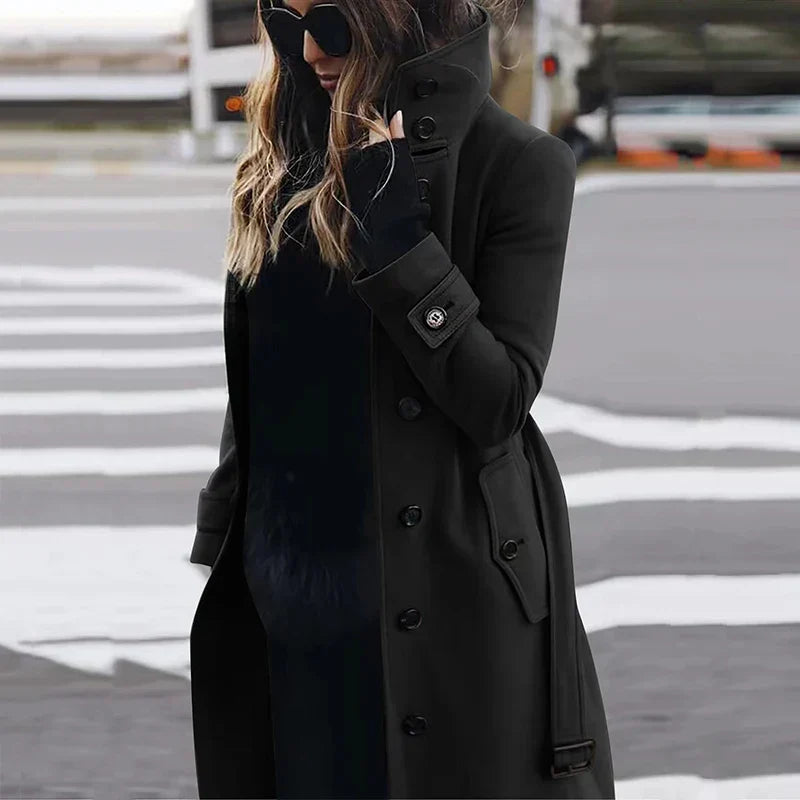 Women's button-down belted high-neck trench coat