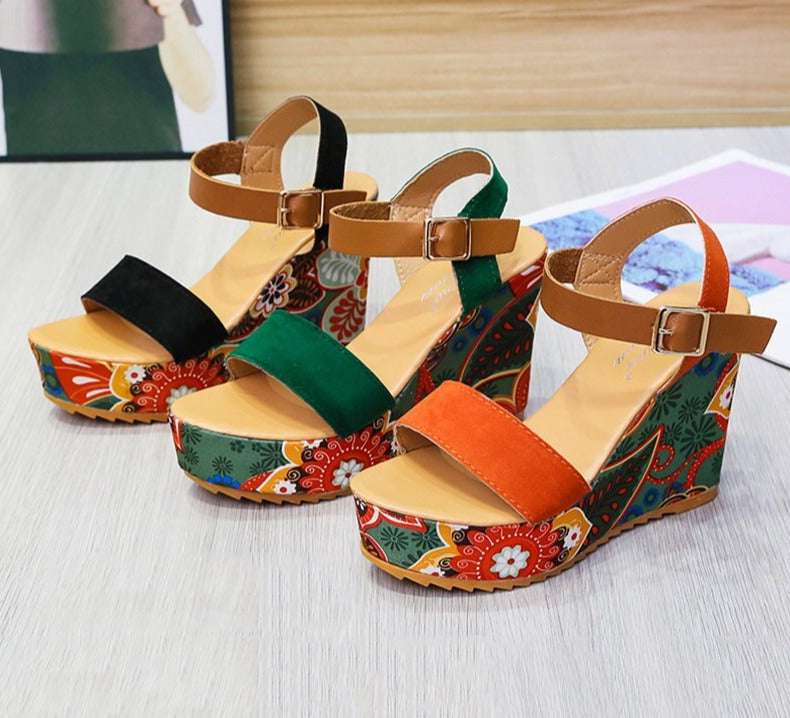Women's Wedge Sandals - High Platform - Ankle Strap - Stylish Printed Heel