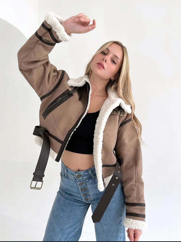 Women's faux shearling jacket winter belted coat long sleeve