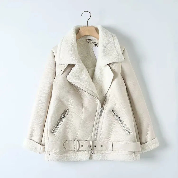 Women's modern classic wide lapel coat with belt and zipper closure