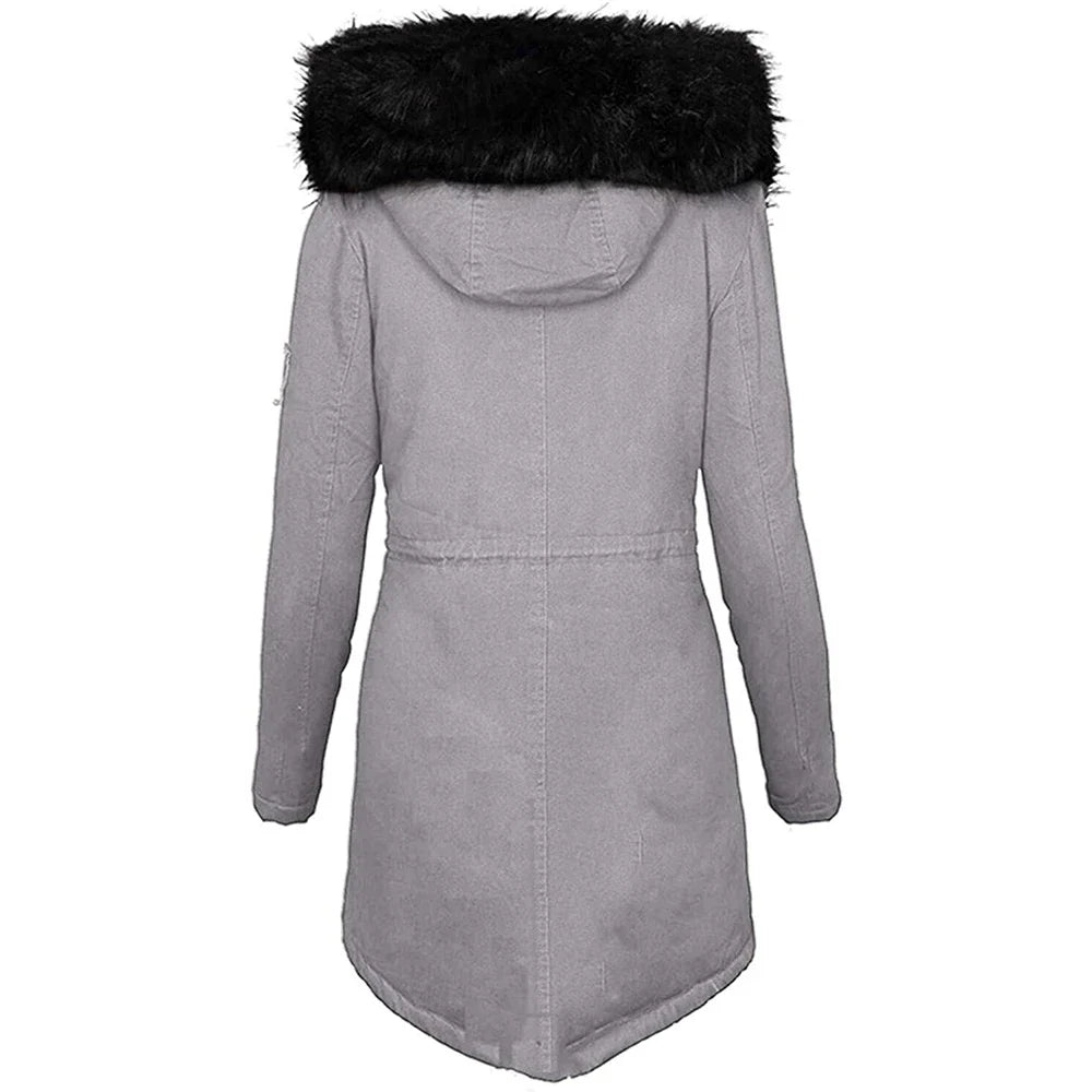 Women's fluffy hooded winter jacket with fur collar