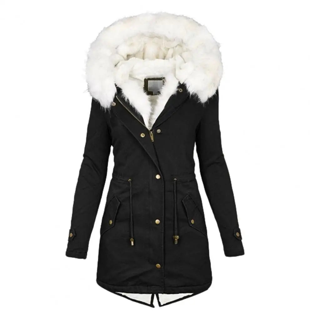 Women's Parka Coat - Long Length - Faux Fur Hood - Warm Padded - Zip Closure