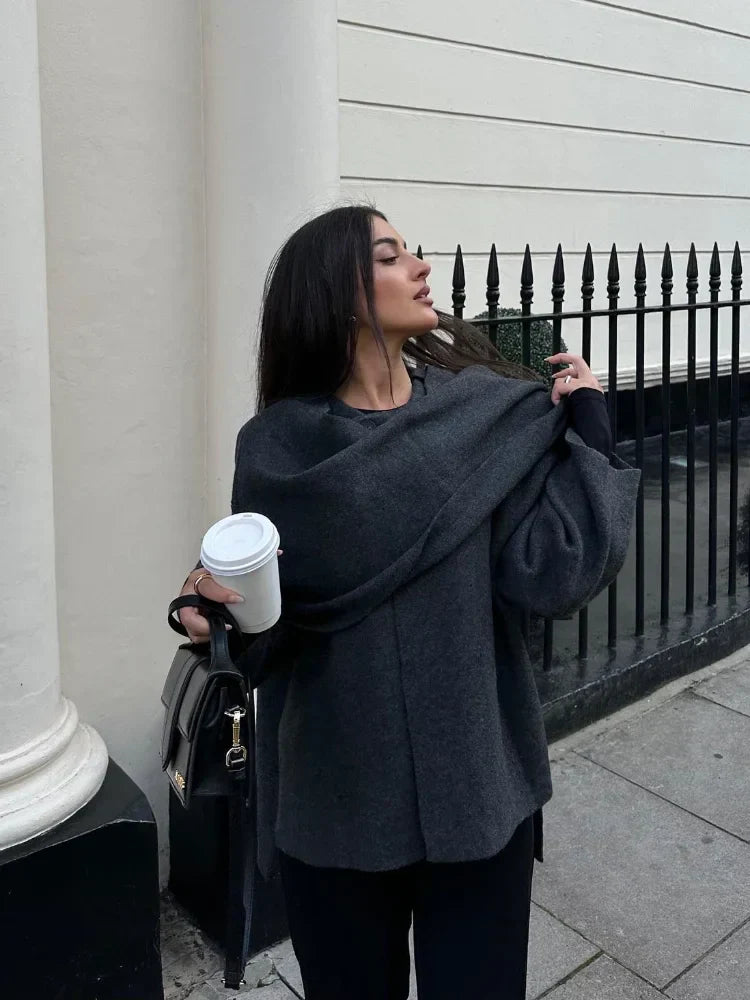 Women's elegant solid color asymmetric scarf coat