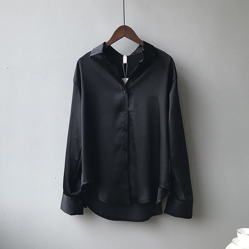 Women's Silk Blouse - Classic Button-Down - Collared Neck - Long Sleeve Relaxed Fit