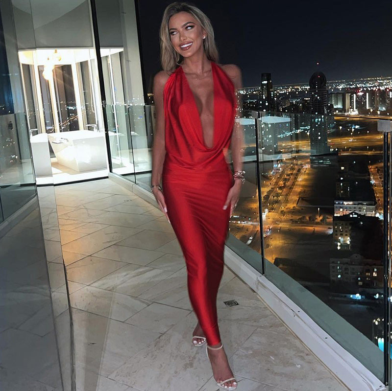 Women's Halter Neck Maxi Dress - Plunging V-Neck - Draped Bodice - Elegant Evening Gown