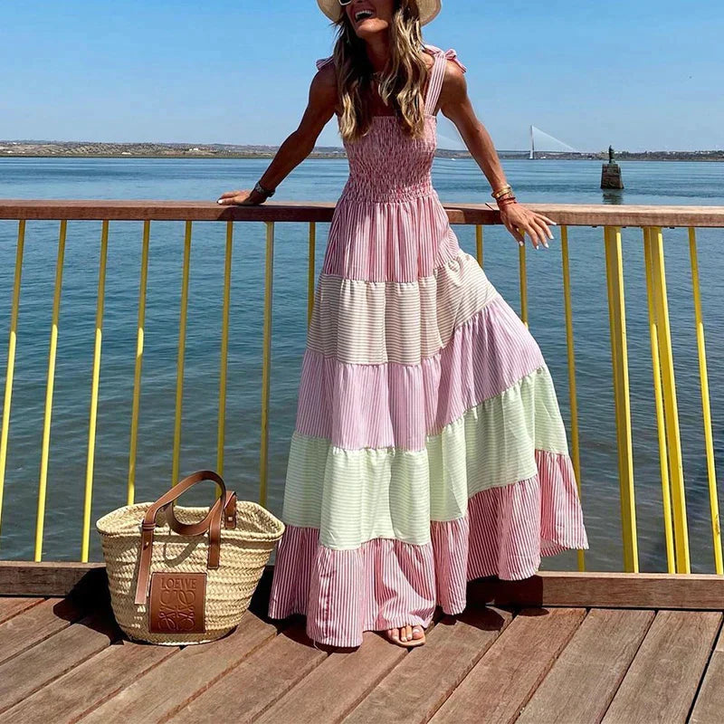 Smocked Bodice Flowing Tiered Maxi Dress