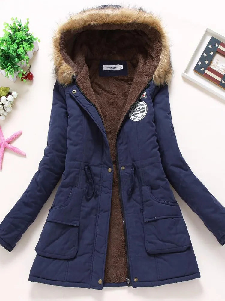 Saskia - long sleeve hooded mid-length coat