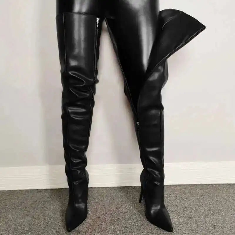 Women’s Over-the-Knee Boots – High Heel – Pointed Toe – Glossy Faux Leather – Zipper Closure