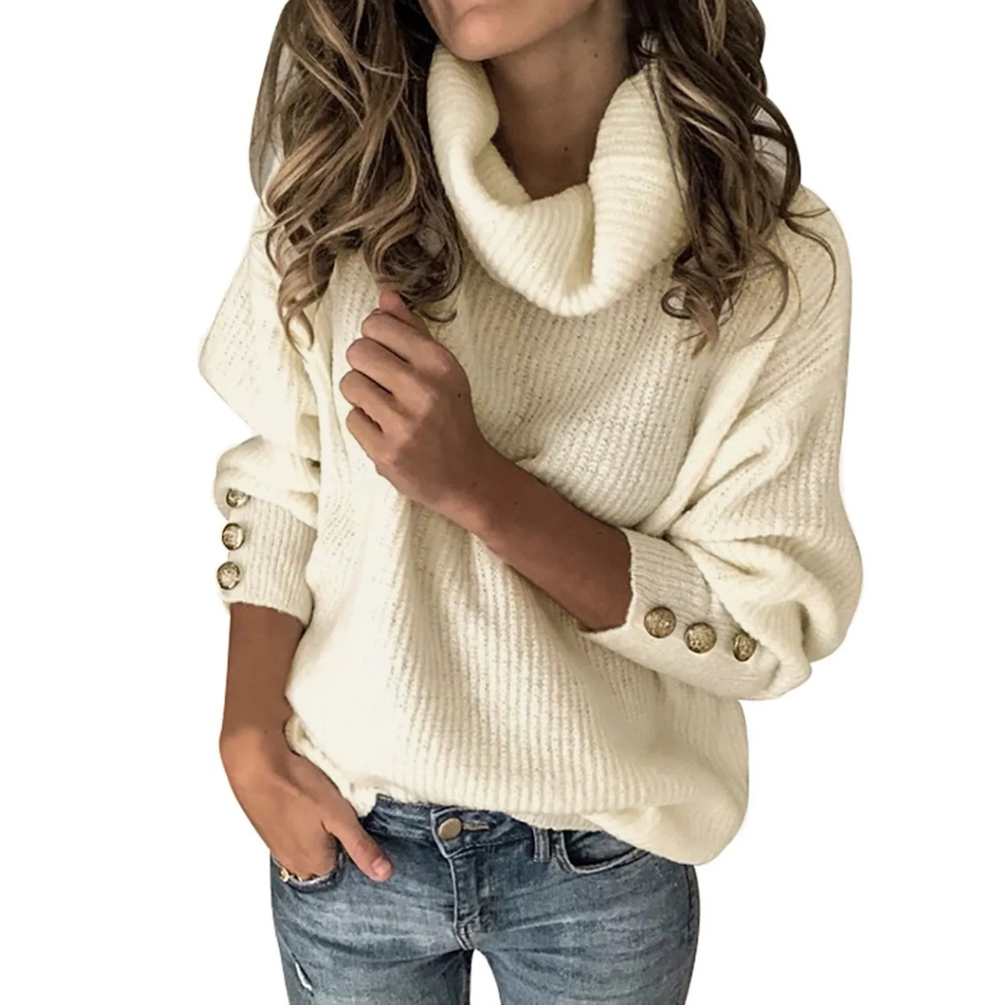 Women's winter vintage turtleneck sweater with metal buttons