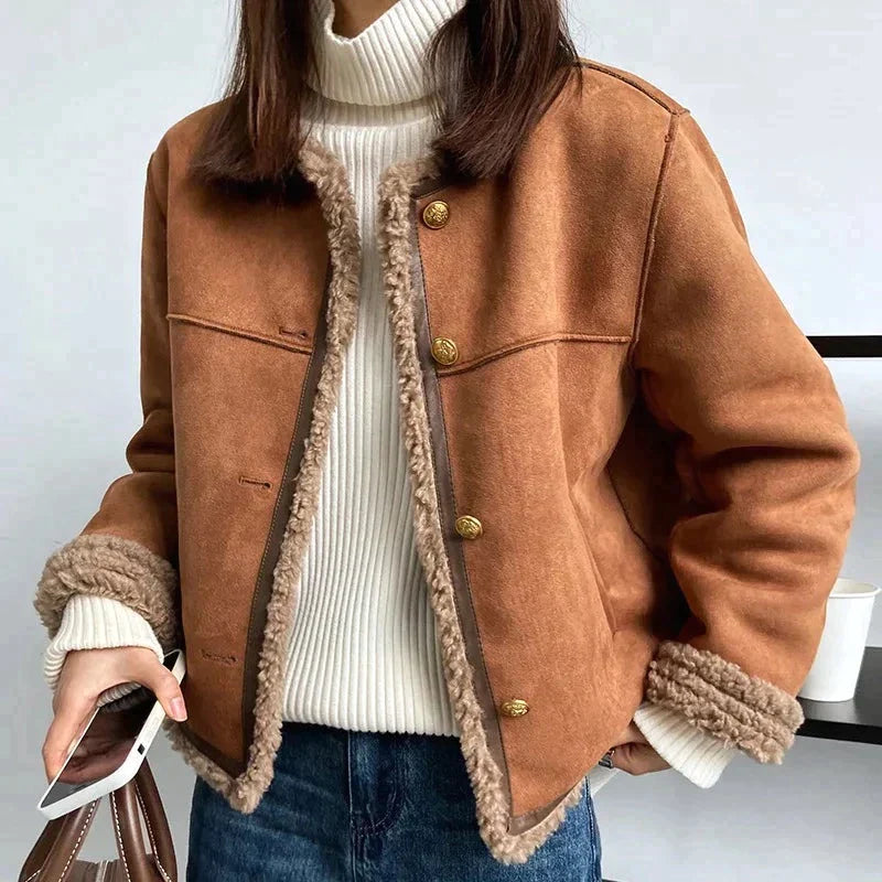 Silvia Suede Jacket | Faux Shearling Trim Relaxed Fit Jacket