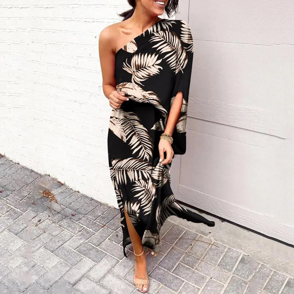 Women's One-Shoulder Maxi Dress - Floral Print - Elegant Flowing Silhouette