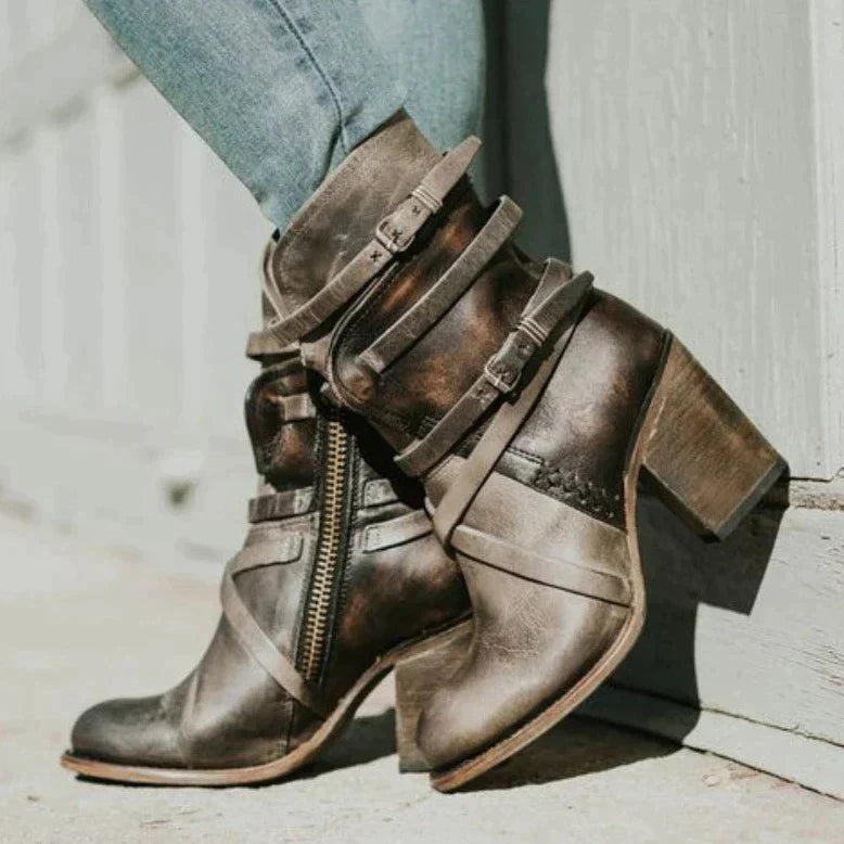 Women's retro leather boots with belt buckle design