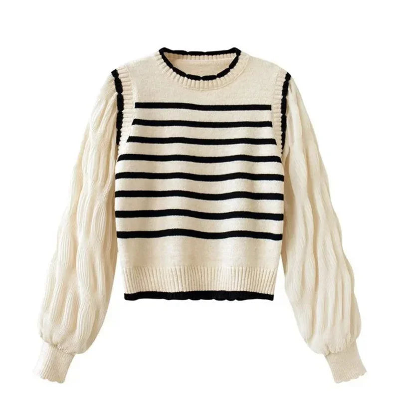 Women's chic stripe knit balloon sleeve sweater