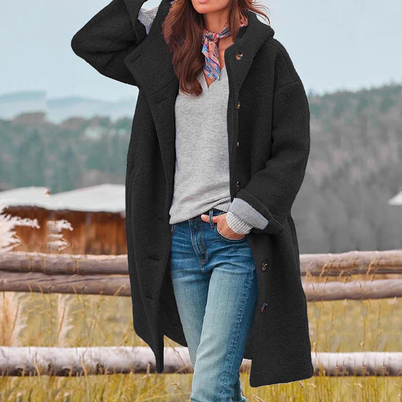 Women’s Long Coat - Oversized Fit - Button-Front - Textured Fabric - Wide Notched Collar