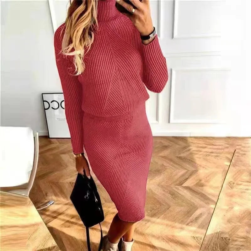 Women's turtleneck knit sweater skirt set